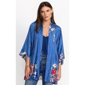 NWT Johnny Was 100% Silk Floral Kimono Blue Boho Luxe Duster Resort Wear Sm, G11